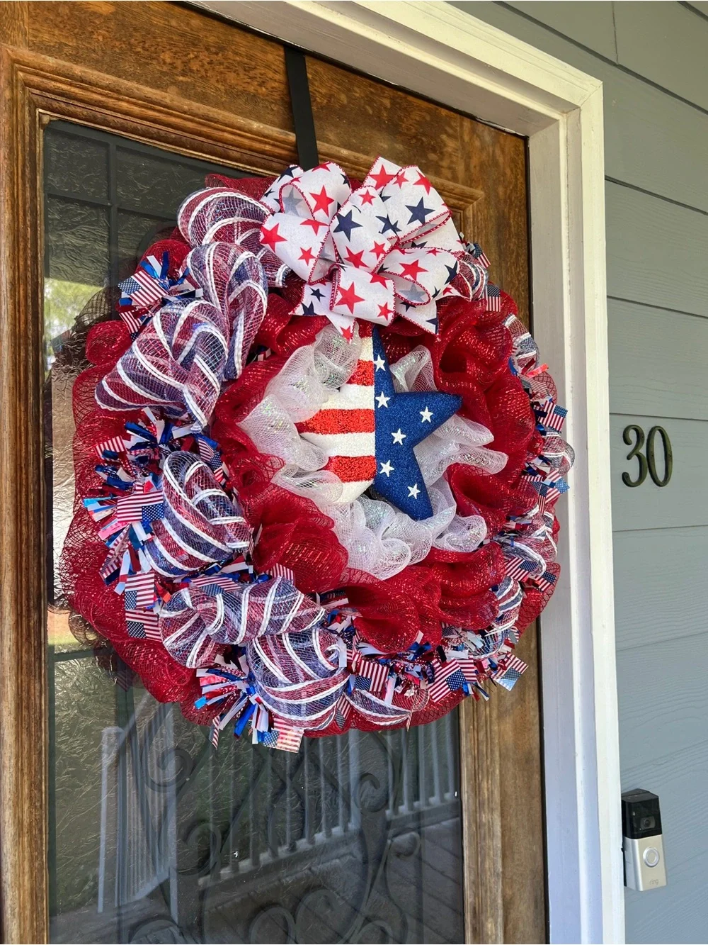 Handmade Patriotic Red, White & Blue with Star Deco Mesh Holiday Wreath